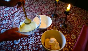 Elements of Ile Flottant: vanilla cream sauce and meringues
