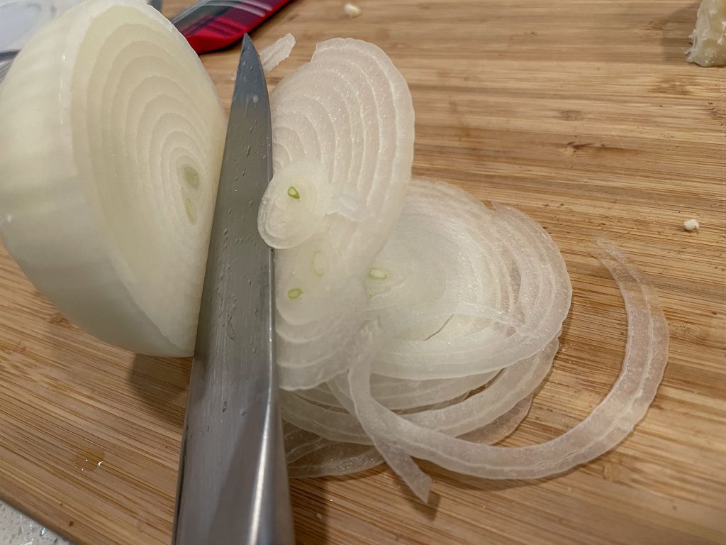 Slicing onions for pizza