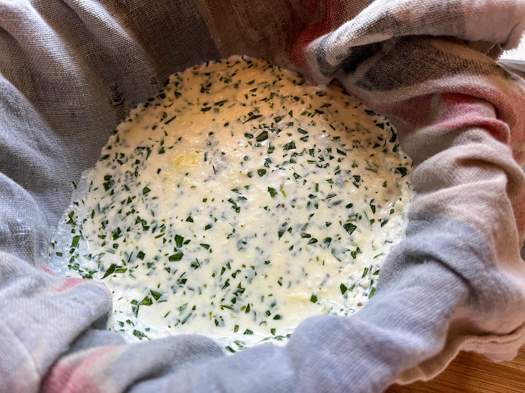 added herbs to the cheese curds before straining, yeilds this final product